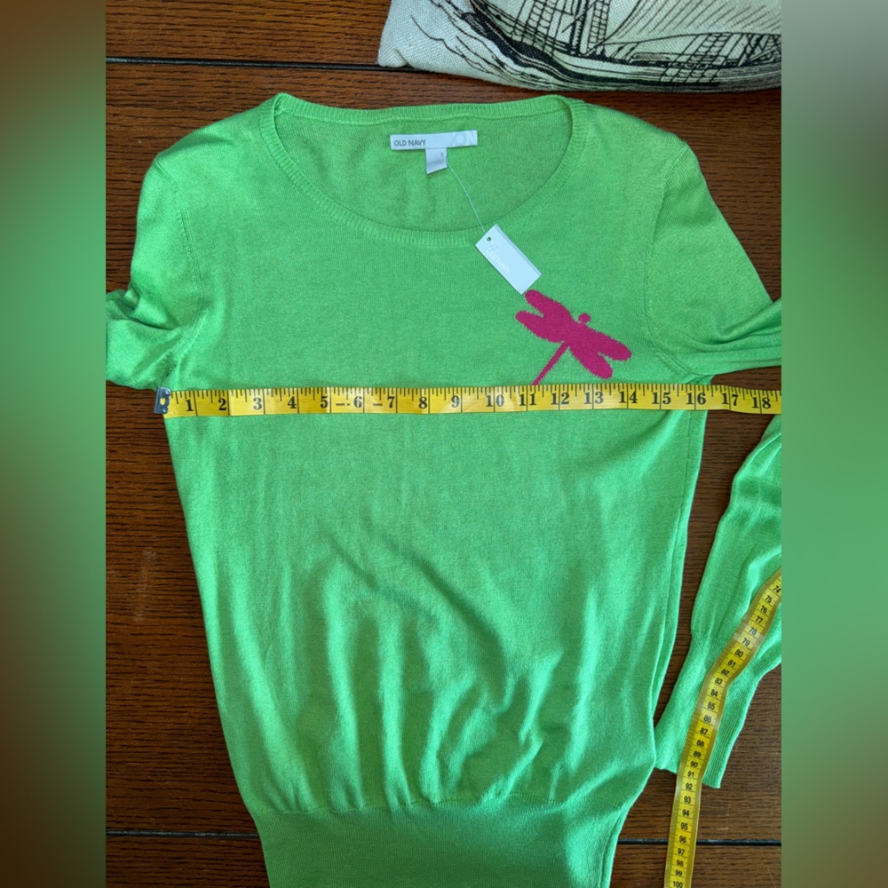 Old Navy Green Cotton Pink Dragonfly Neck Sweater Sz S - Picture 4 of 6